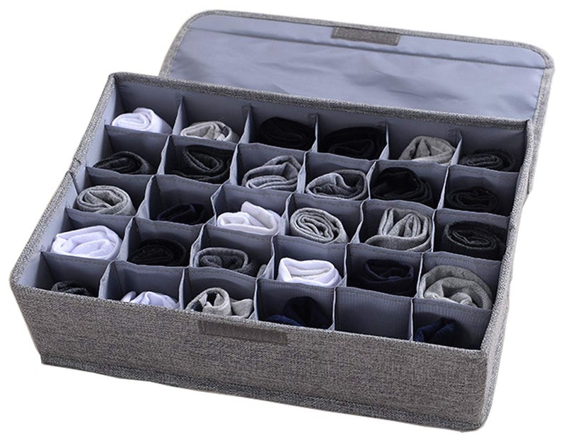 AARAINBOW Underwear Socks Ties Storage Organizer with Lids Foldable Closet Drawer Organizer 30 Cells, Fabric Wardrobe Divider Storage Box for Scarves and Lingerie (30 Cell, Gray) - Image 1
